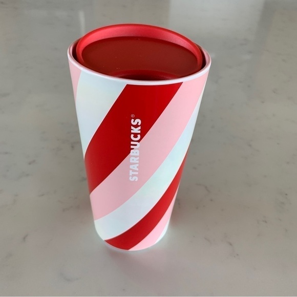 Other - Starbucks Red Pink & White Stripes Ceramic Travel Mug 12oz